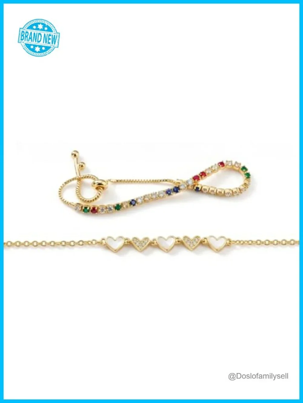 14K Gold Plated Cubic Zirconia Tennis & Heart Bracelet Set Stackable Adjustable